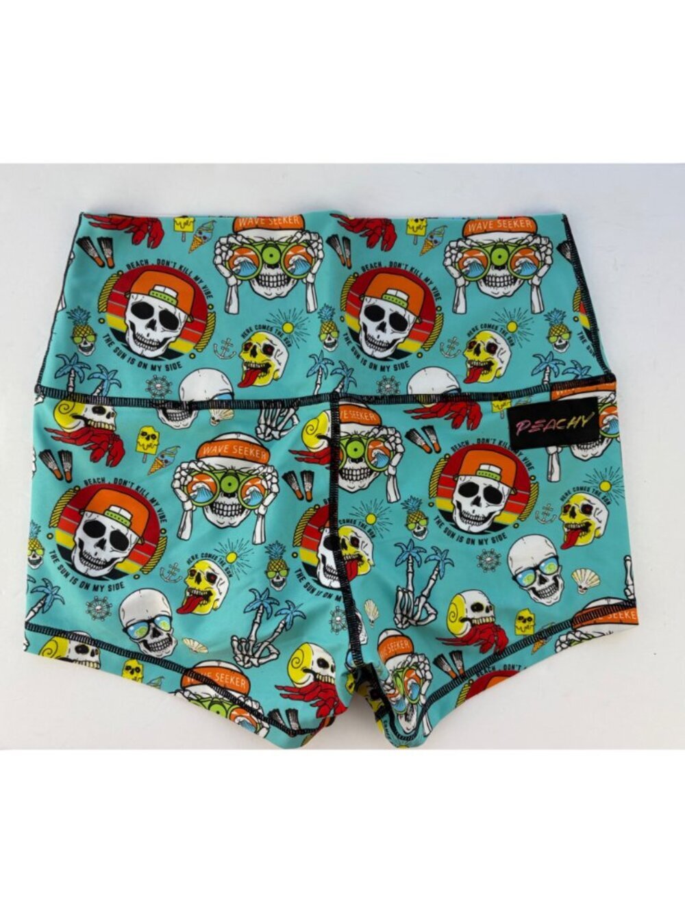 Peachy Athletic NWOT Medium Extra Peachy Booty Bike Shorts Turquoise Surf Skull - Picture 2 of 10